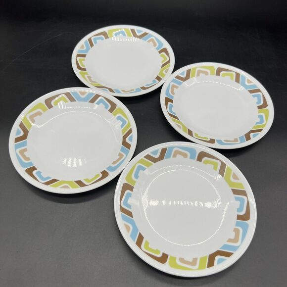 Lot of 4 Corelle Geometric Squared Bread & Butter Dessert Plates Brown Blue Grn - Picture 1 of 10